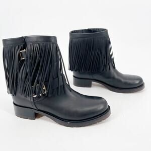 Valentino Garavani Black Leather Fringe Rockstud Biker Moto Combat Boot EU 37